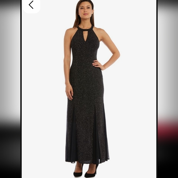 Nightway Black/BlueDress With Metallic Stripes Embellished Halter Maxi Gown 10 - Picture 6 of 12